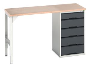 verso pedestal bench with 5 drawer 525W cab & mpx worktop. WxDxH: 1500x600x930mm. RAL 7035/5010 or selected Verso Pedastal Benches with Drawer / Cupboard Unit